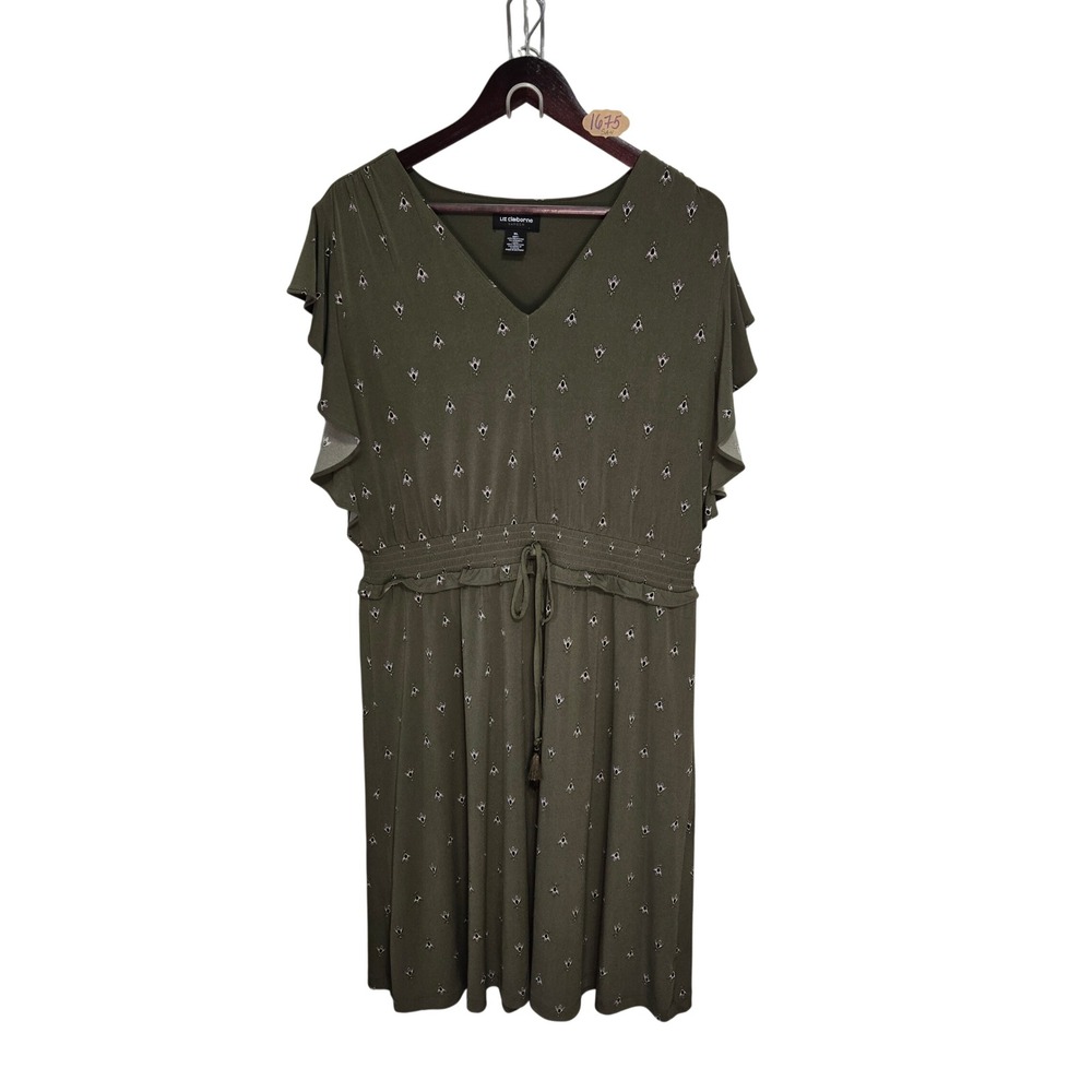 Liz Claiborne Career Olive Green Floral Flutter Sleeve V-Neck Dress XL